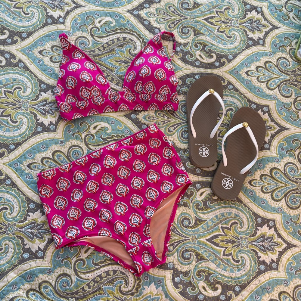 J. Crew Bright Pink Patterned Paisley High Waist Bikini Set Removable Padding XS